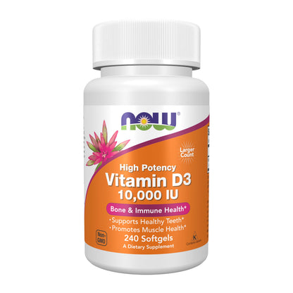 Vitamin D3 supplement bottle with Now brand on a white background