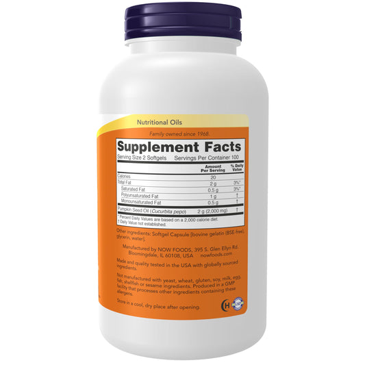NOW Supplements Pumpkin Seed Oil 1000mg 200 Softgels