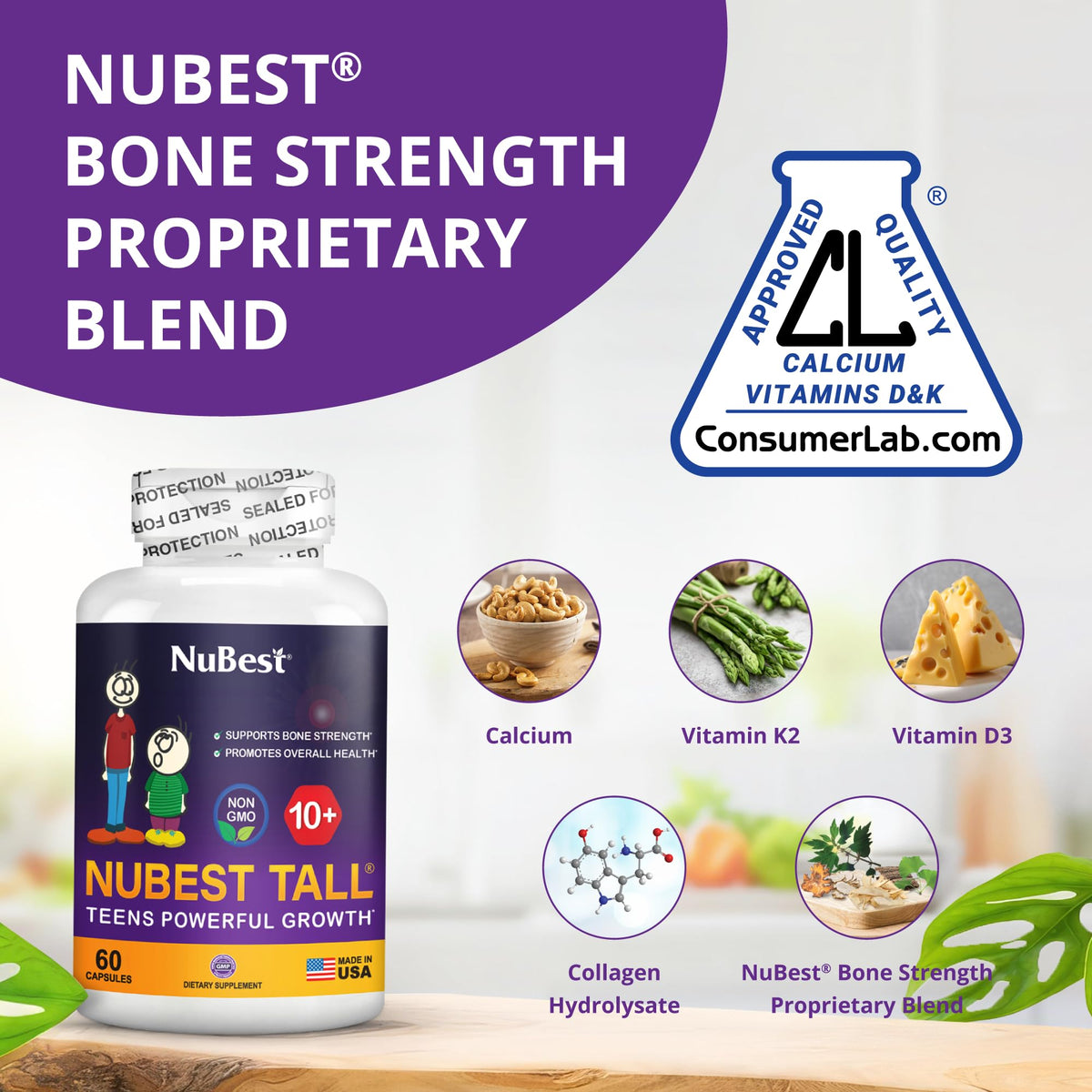 NuBest Tall 10+ Bone Strength Formula – Calcium, D3 & K2 | 60 Capsules - Calm Era