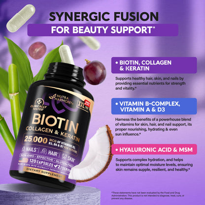 Nutraharmony Biotin + Collagen + Keratin – Hair, Skin & Nails | 120 Capsules