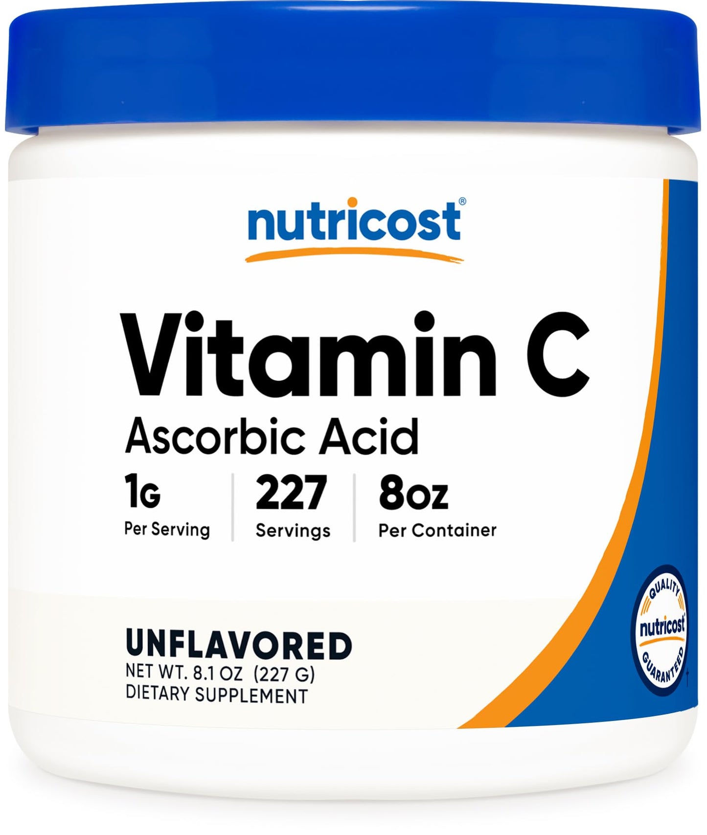 Nutricost Vitamin C Ascorbic Acid supplement container with blue lid and white body.