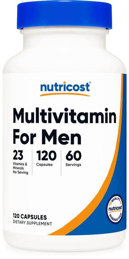 Nutricost Multivitamin for Men supplement bottle with blue cap and white label.