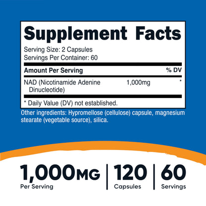 Nutricost NAD+ Supplement 1000mg 60 Servings 120 Capsules