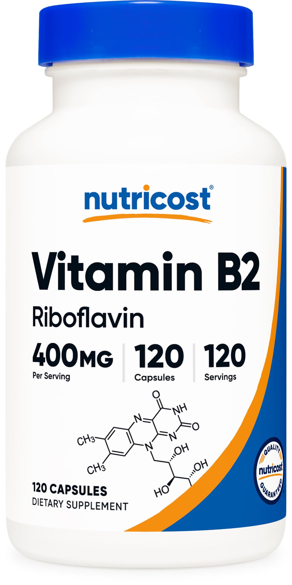 Nutricost Vitamin B2 (Riboflavin) supplement bottle with blue cap and white body.