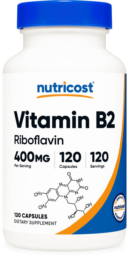 Nutricost Vitamin B2 (Riboflavin) supplement bottle with blue cap and white body.