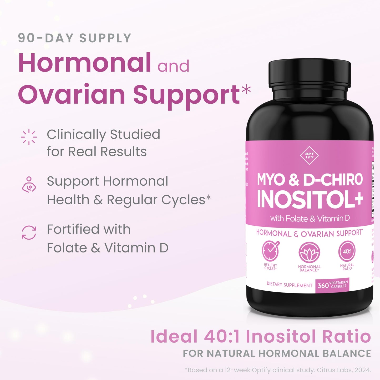 Optify Inositol for Women – 90-Day Supply, 40:1 Myo-Inositol to D-Chiro Inositol, Folate & Vitamin D