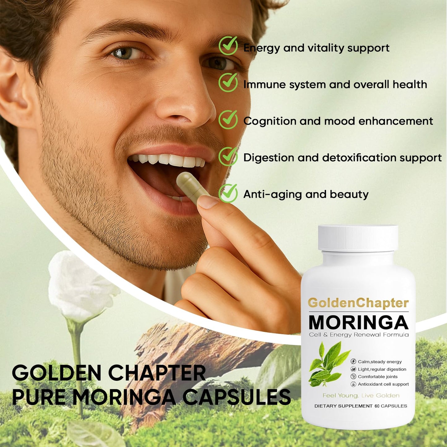 Golden Chapter Moringa Capsules with Iron, Magnesium, B12 & Vitamin C 60ct