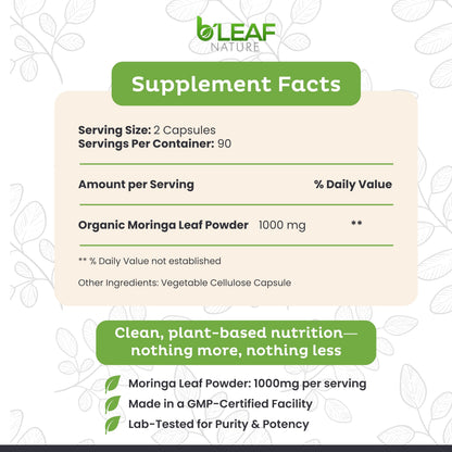 B'Leaf Nature Organic Moringa Capsules 1000mg | 180ct Vegan Non-GMO