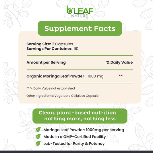 B'Leaf Nature Organic Moringa Capsules 1000mg | 180ct Vegan Non-GMO