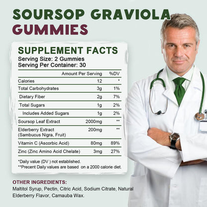 Organic Soursop Graviola Gummies with Elderberry — 60-Day Supply
