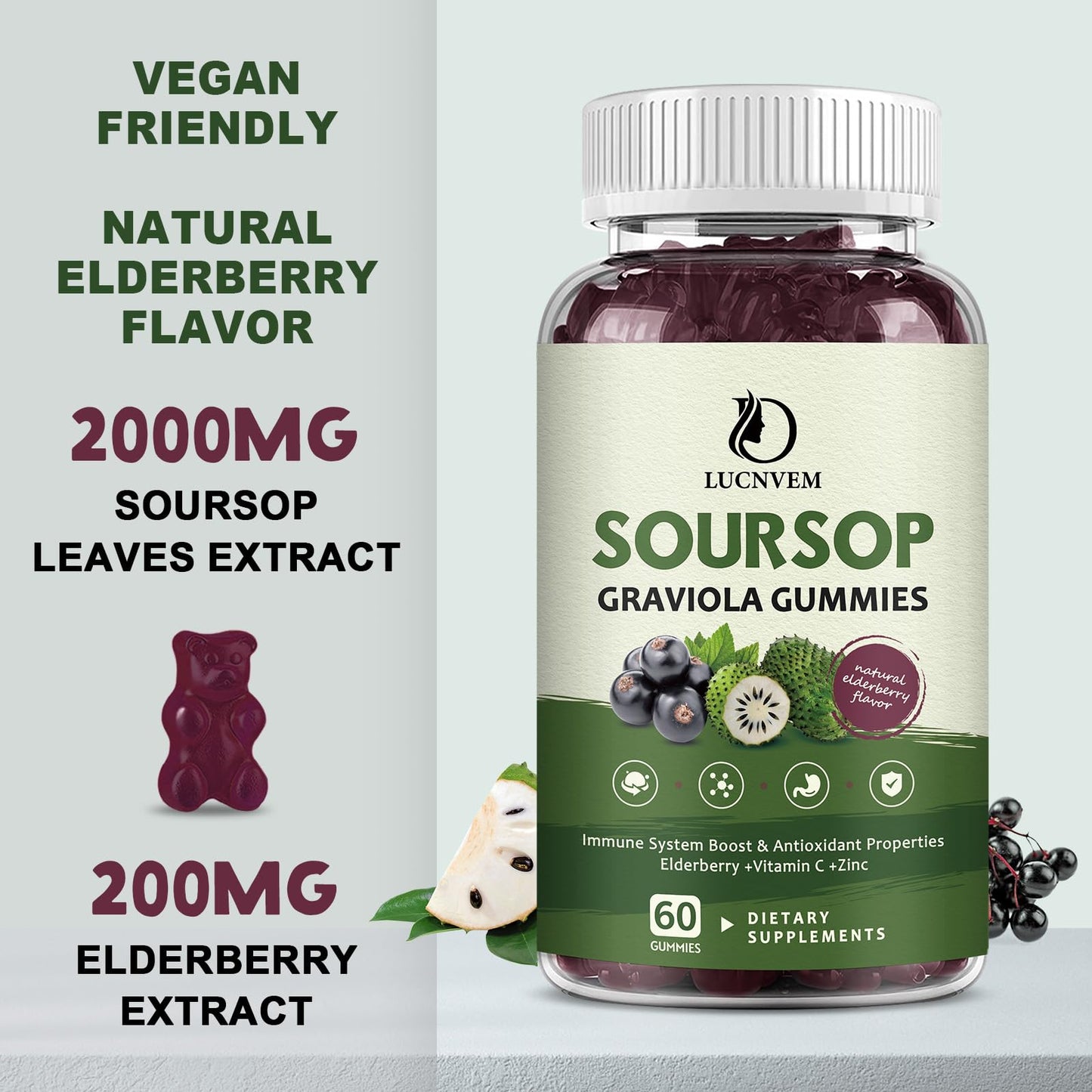 Organic Soursop Graviola Gummies with Elderberry — 60-Day Supply