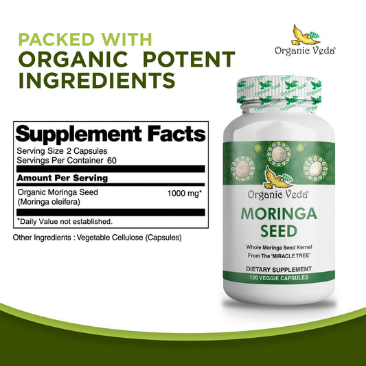 Organic Veda Moringa Seed Capsules 1000mg | 120ct with Omega 3-6-9