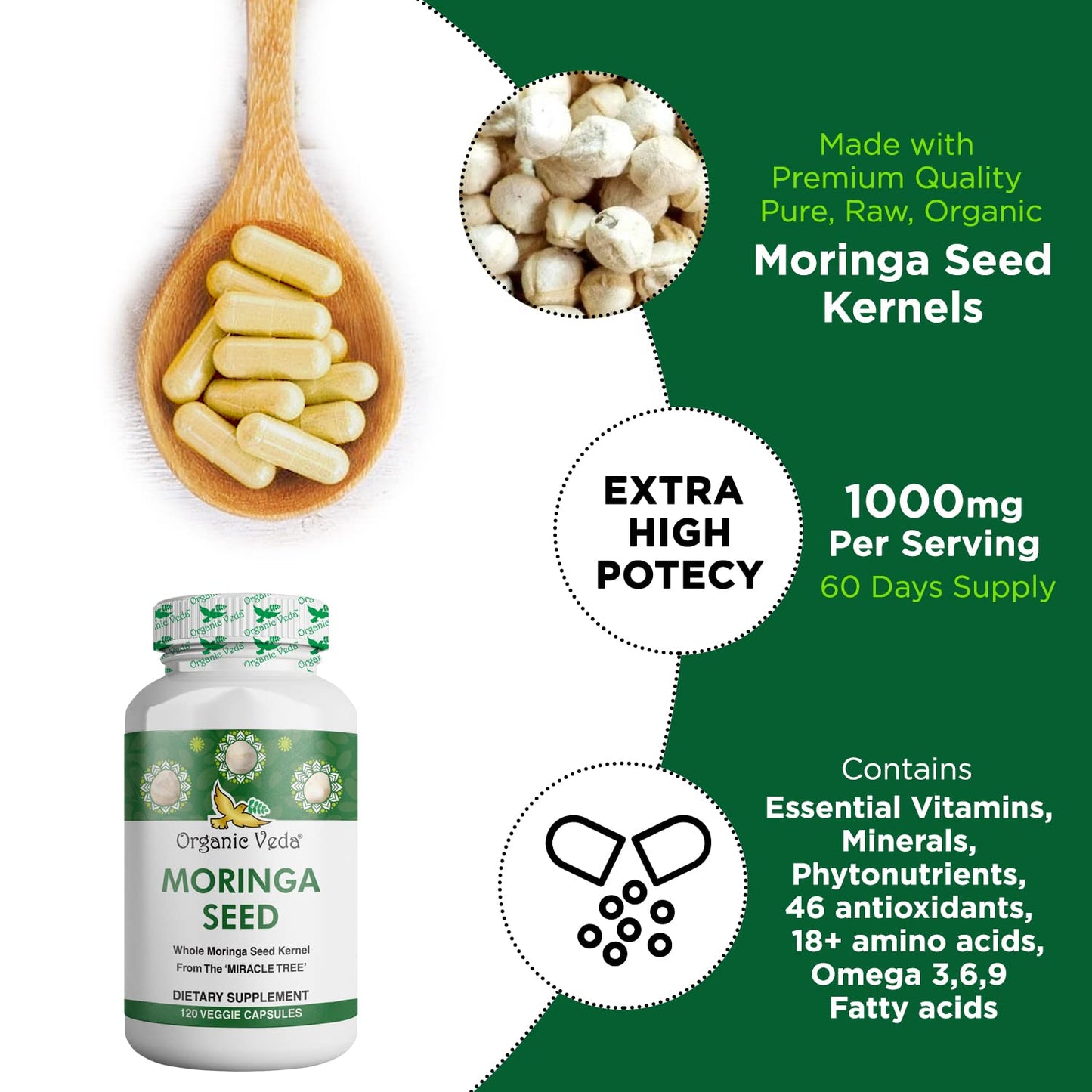 Organic Veda Moringa Seed Capsules 1000mg | 120ct with Omega 3-6-9