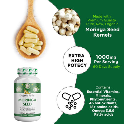 Organic Veda Moringa Seed Capsules 1000mg | 120ct with Omega 3-6-9