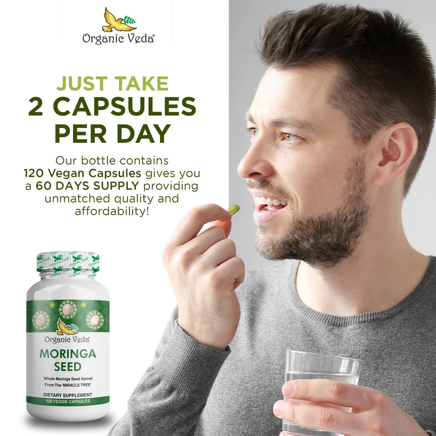 Organic Veda Moringa Seed Capsules 1000mg | 120ct with Omega 3-6-9