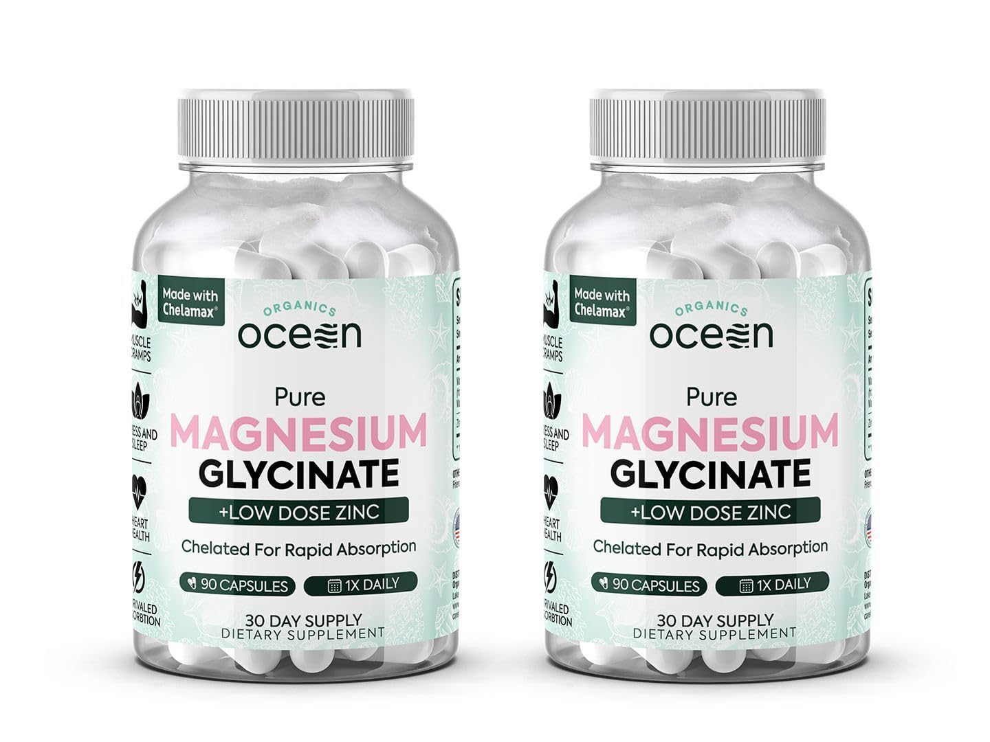 Two bottles of Ocean Organics Pure Magnesium Glycinate with Low Dose Zinc on a white background