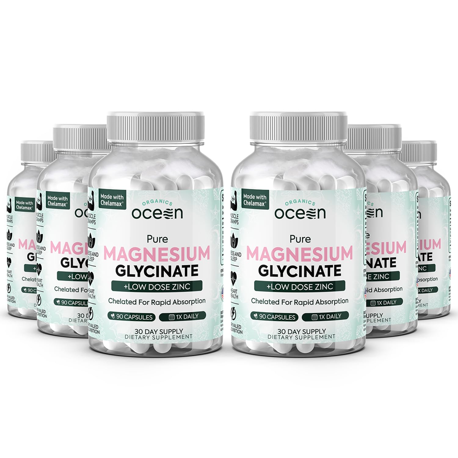 Multiple bottles of Ocean Nutrition Pure Magnesium Glycinate on a white background