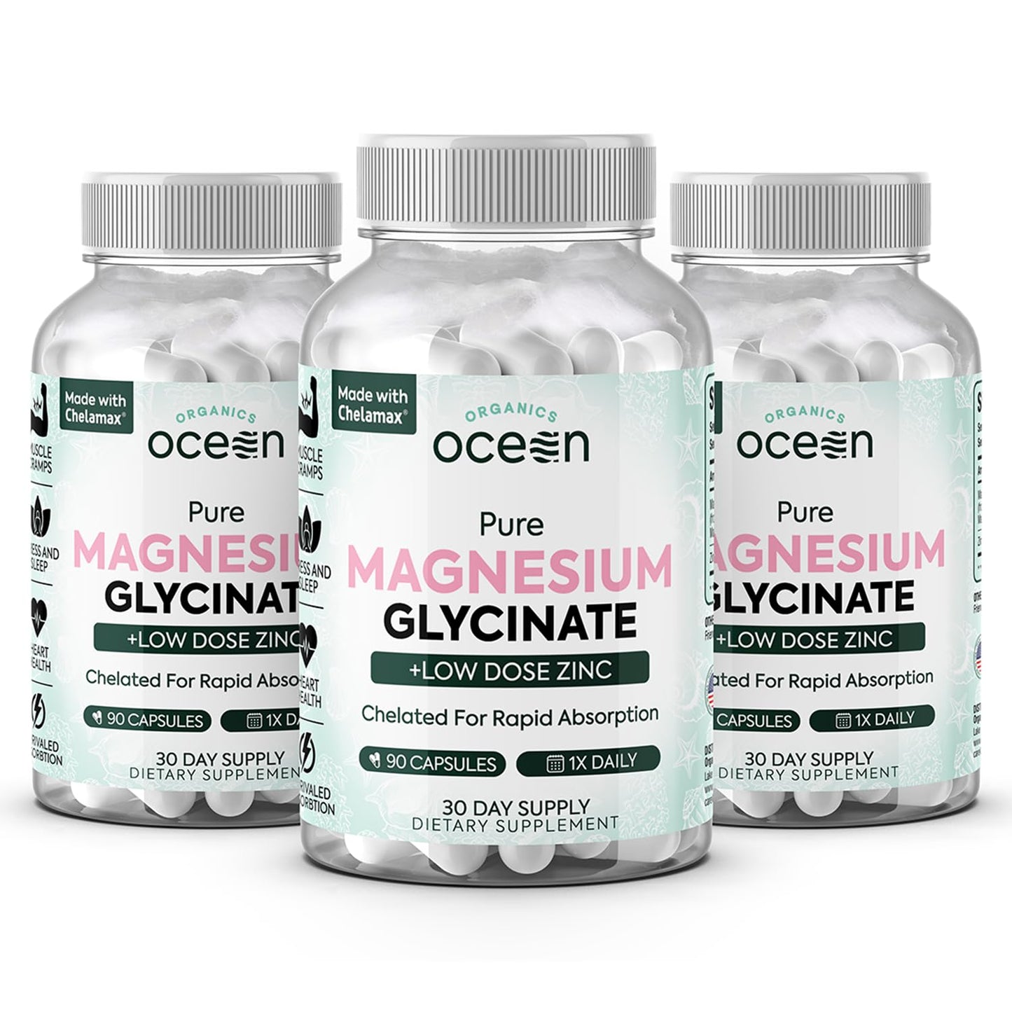 Three bottles of Ocean Organics Pure Magnesium Glycinate with Low Dose Zinc on a white background