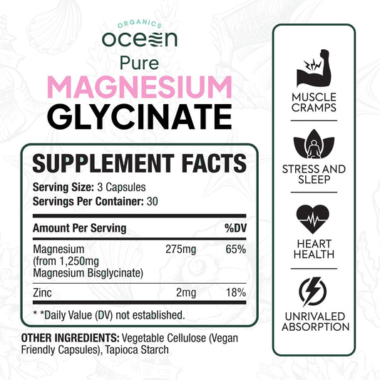 Organics Ocean Magnesium Glycinate with Zinc | Dead Sea | 6-Bottle Bundle