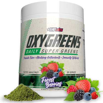 OxyGreens daily super greens supplement container with forest berries flavor on a white background