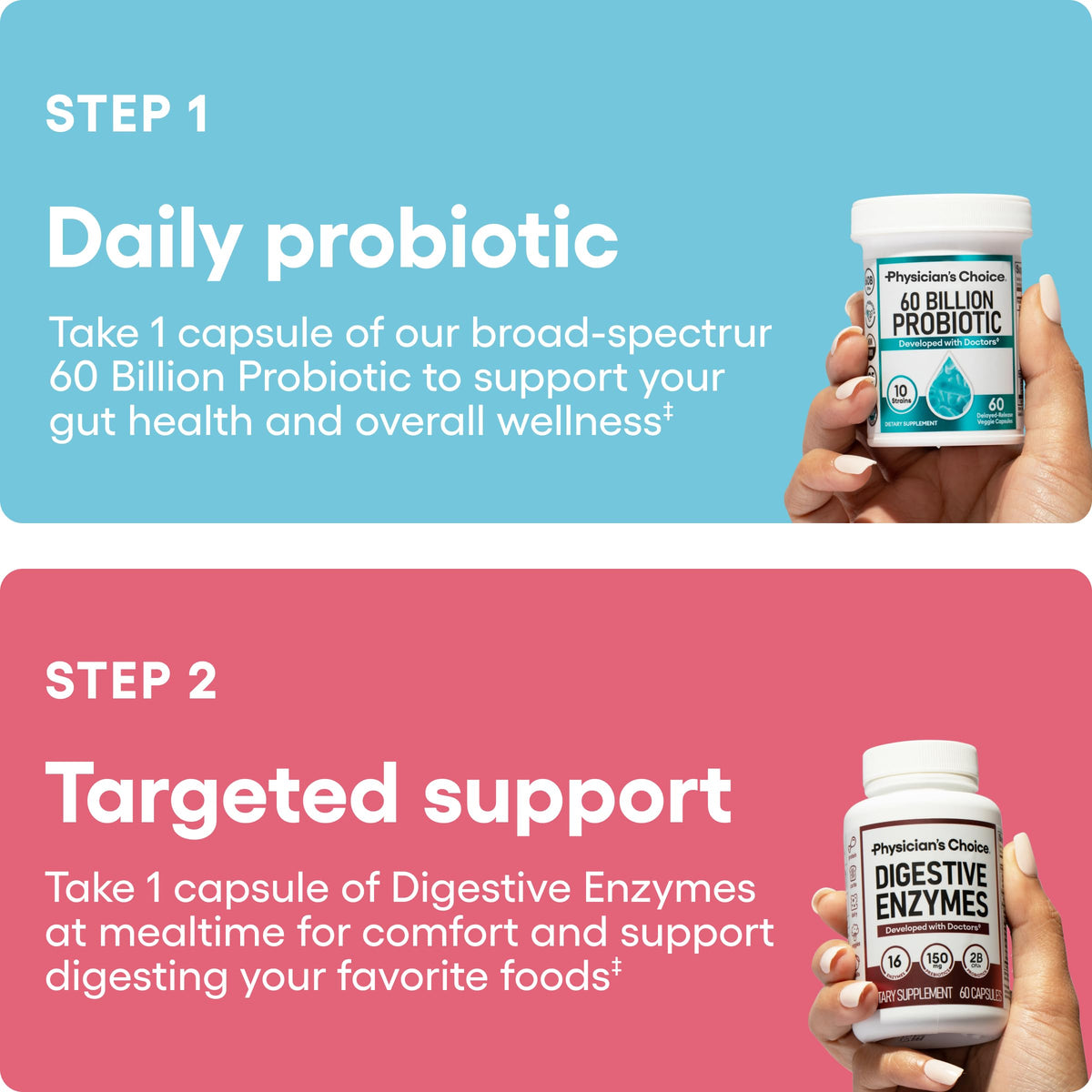 Physician's CHOICE Advanced Gut Health Bundle: 60B Probiotics 30ct + Digestive Enzymes 60ct - Calm Era