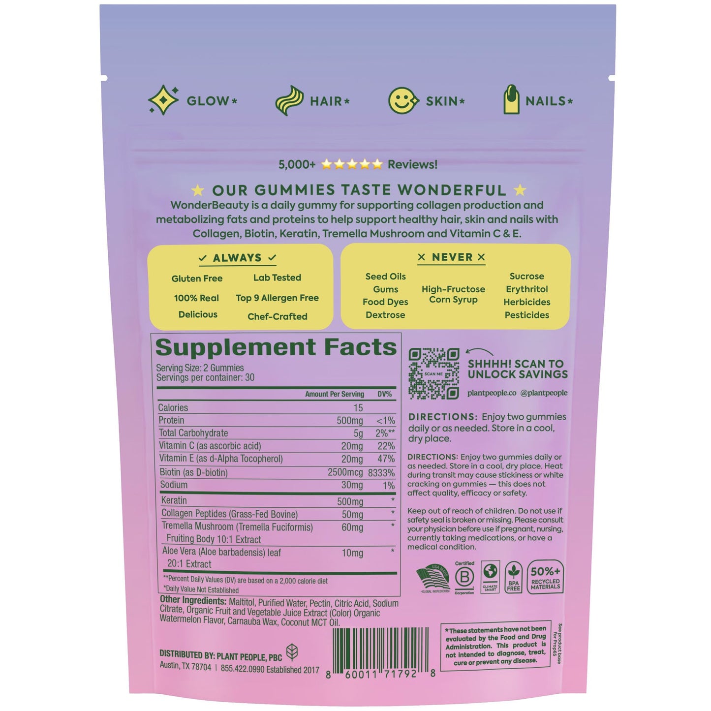 Plant People WonderBeauty Gummies – Hair, Skin & Nails | Tremella, Marine Collagen, Keratin & Biotin | Watermelon | 60 Gummies