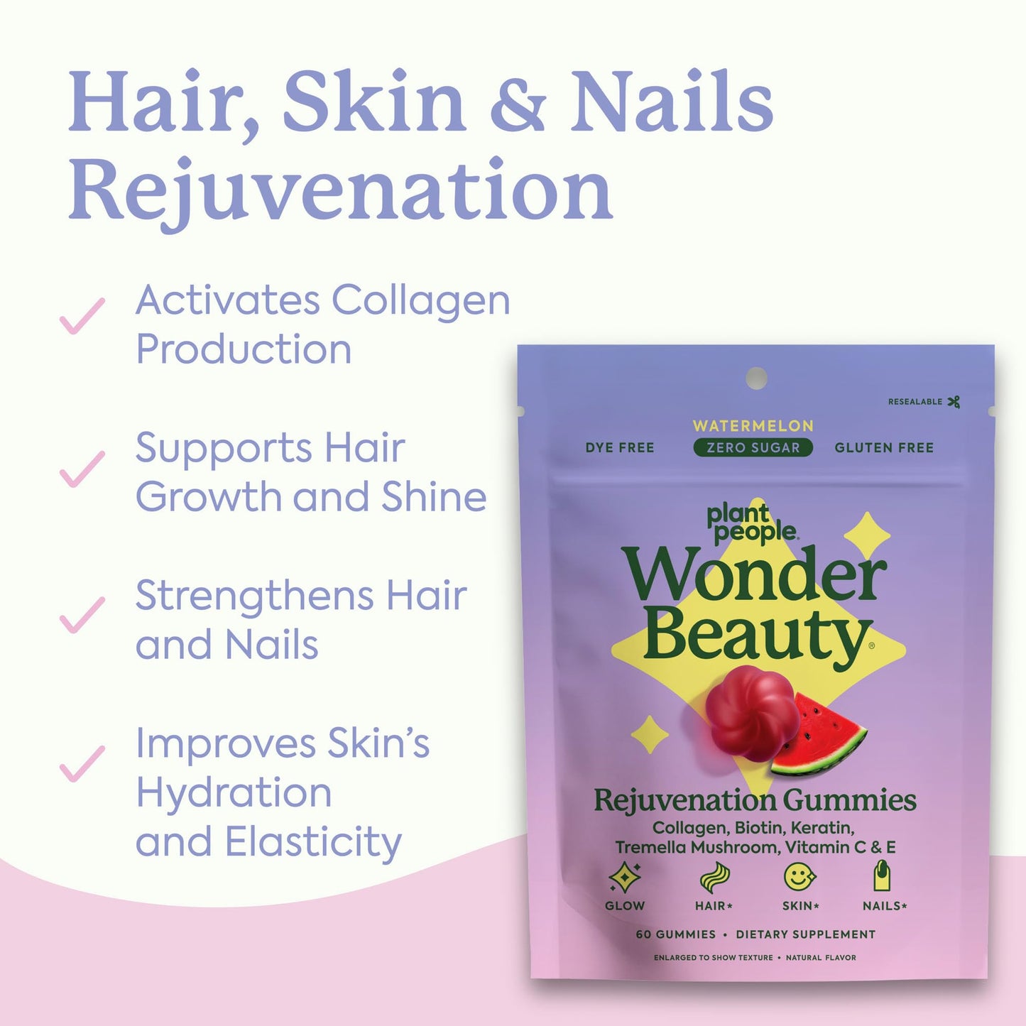 Plant People WonderBeauty Gummies – Hair, Skin & Nails | Tremella, Marine Collagen, Keratin & Biotin | Watermelon | 60 Gummies