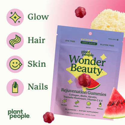 Plant People WonderBeauty Gummies – Hair, Skin & Nails | Tremella, Marine Collagen, Keratin & Biotin | Watermelon | 60 Gummies