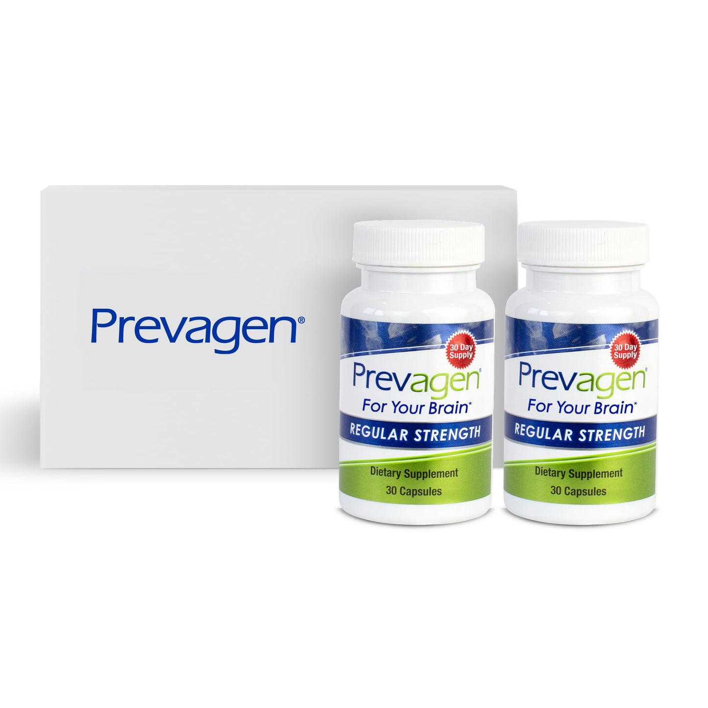 Two bottles of Prevagen dietary supplements on a white background