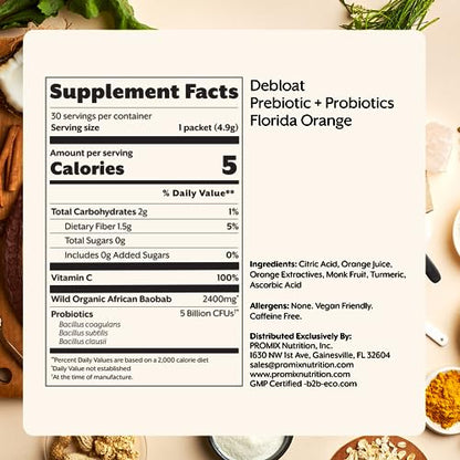 ProMix Nutrition Debloat Prebiotics & Probiotics with Baobab – Vitamin C Rich, Bloating Relief, Immune Support – Orange – 30 Servings (Pack of 30)