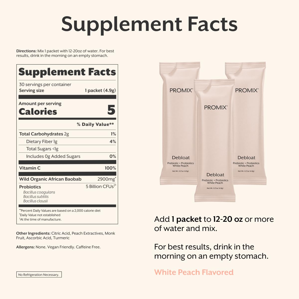 ProMix Nutrition Debloat: Prebiotics & Probiotics for Bloating Relief (White Peach) - 30 Servings - Calm Era