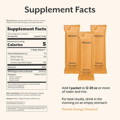 ProMix Nutrition Debloat Prebiotics & Probiotics with Baobab – Vitamin C Rich, Bloating Relief, Immune Support – Orange – 30 Servings (Pack of 30) - Calm Era