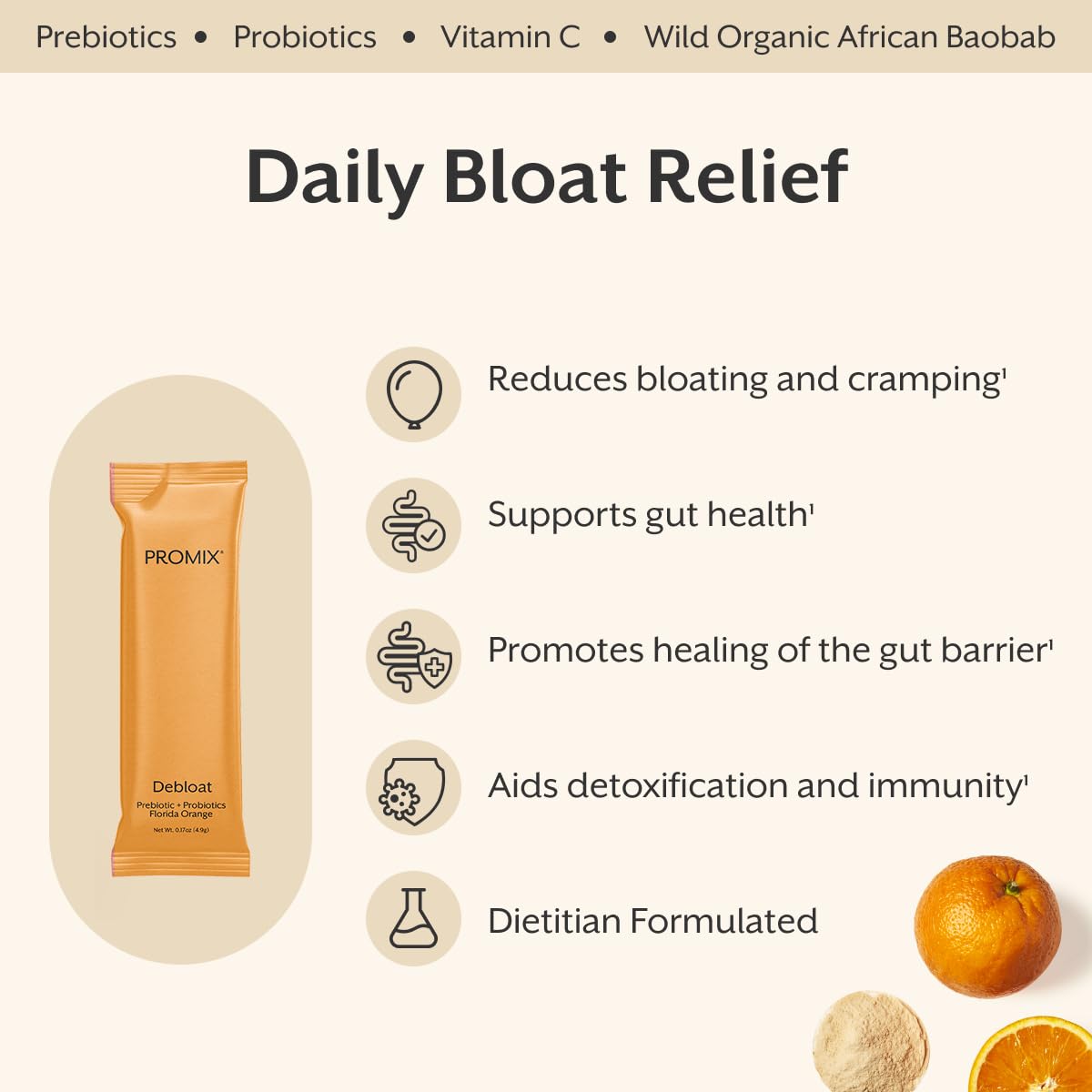 ProMix Nutrition Debloat Prebiotics & Probiotics with Baobab – Vitamin C Rich, Bloating Relief, Immune Support – Orange – 30 Servings (Pack of 30) - Calm Era