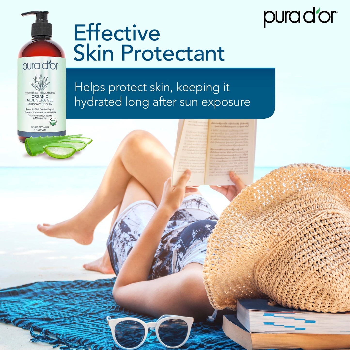 PURA D’OR Organic Aloe Vera Gel — Lavender, 16oz