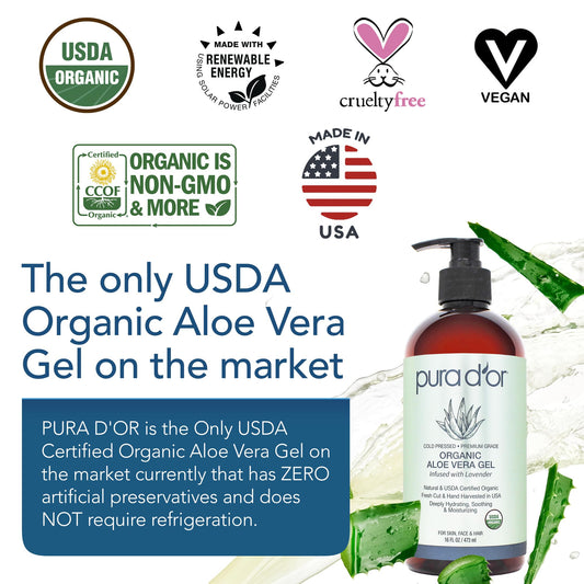 PURA D’OR Organic Aloe Vera Gel — Lavender, 16oz - Calm Era