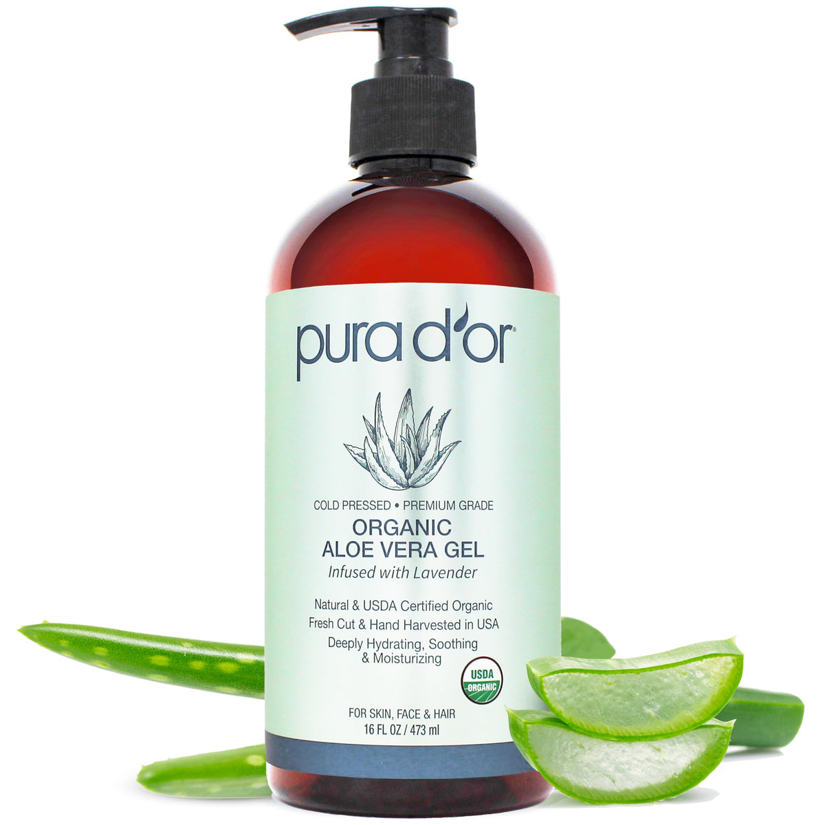 Pura D'or Organic Aloe Vera Gel bottle with aloe vera leaves on a white background