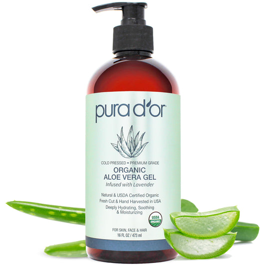 Pura D'or Organic Aloe Vera Gel bottle with aloe vera leaves on a white background