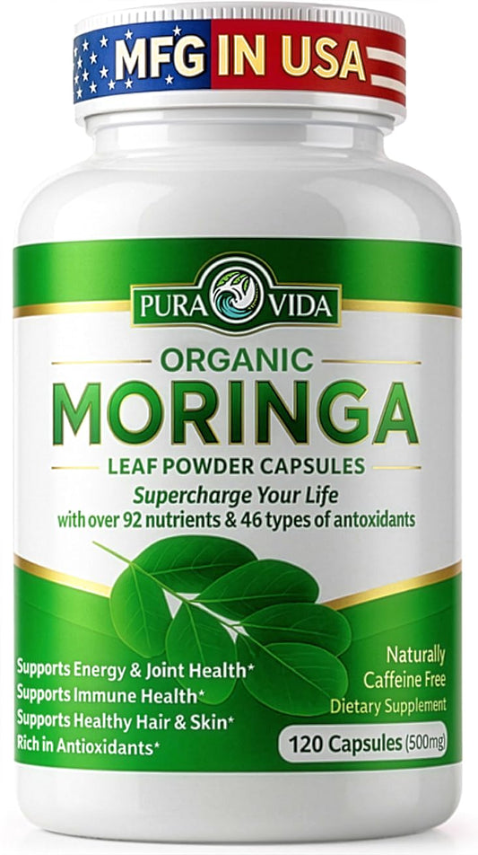 Pura Vida Organic Moringa Capsules 500mg | 120ct Single Origin
