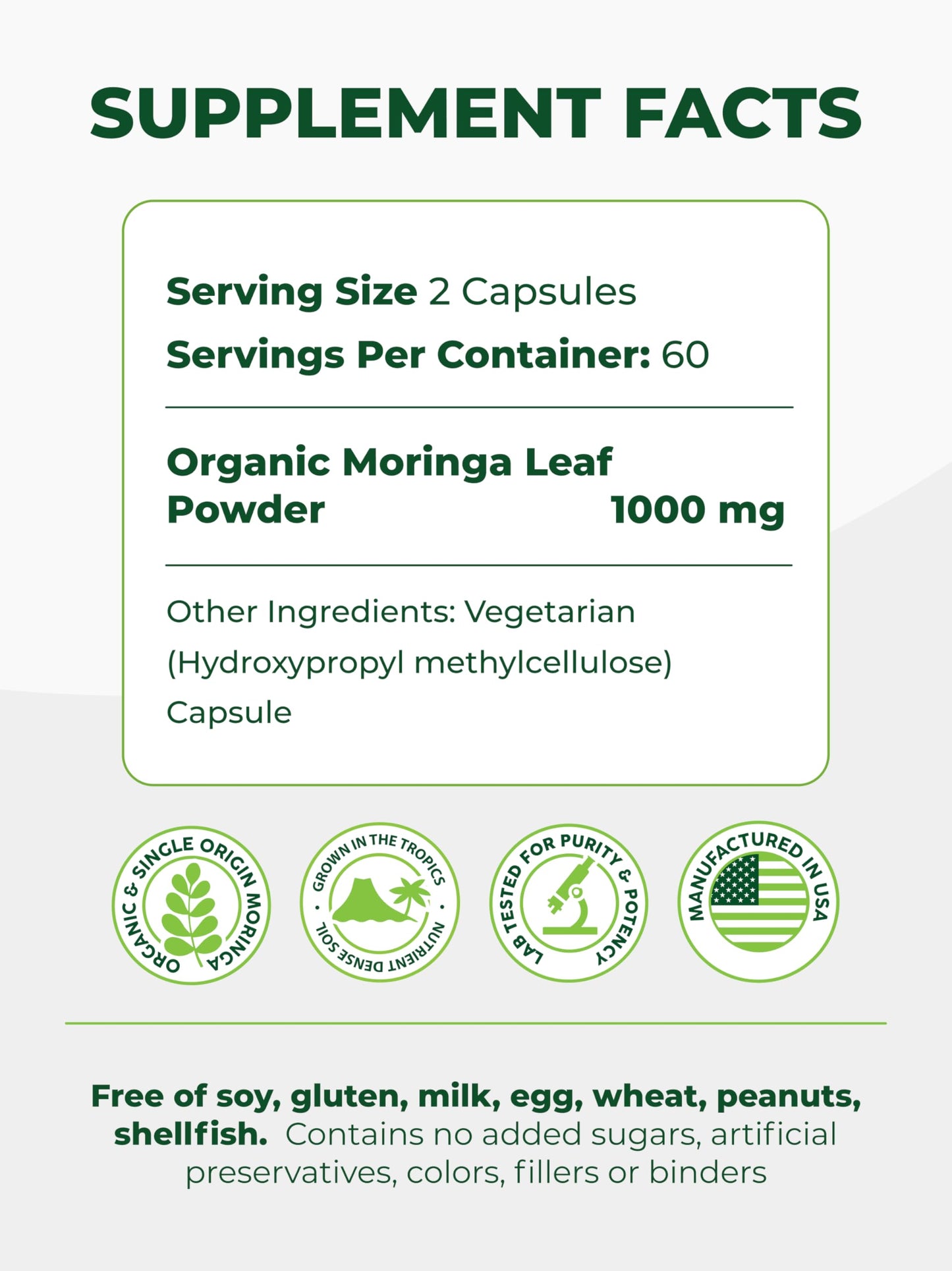 Pura Vida Organic Moringa Capsules 500mg | 120ct Single Origin