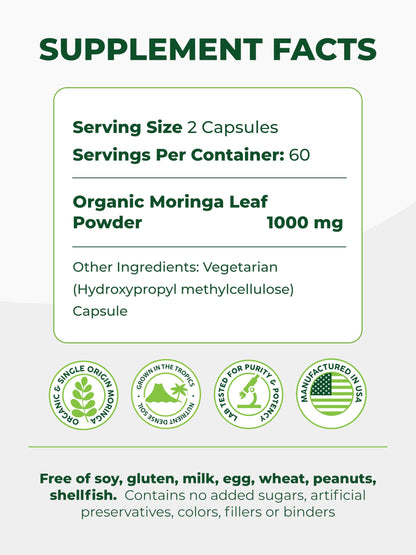 Pura Vida Organic Moringa Capsules 500mg | 120ct Single Origin
