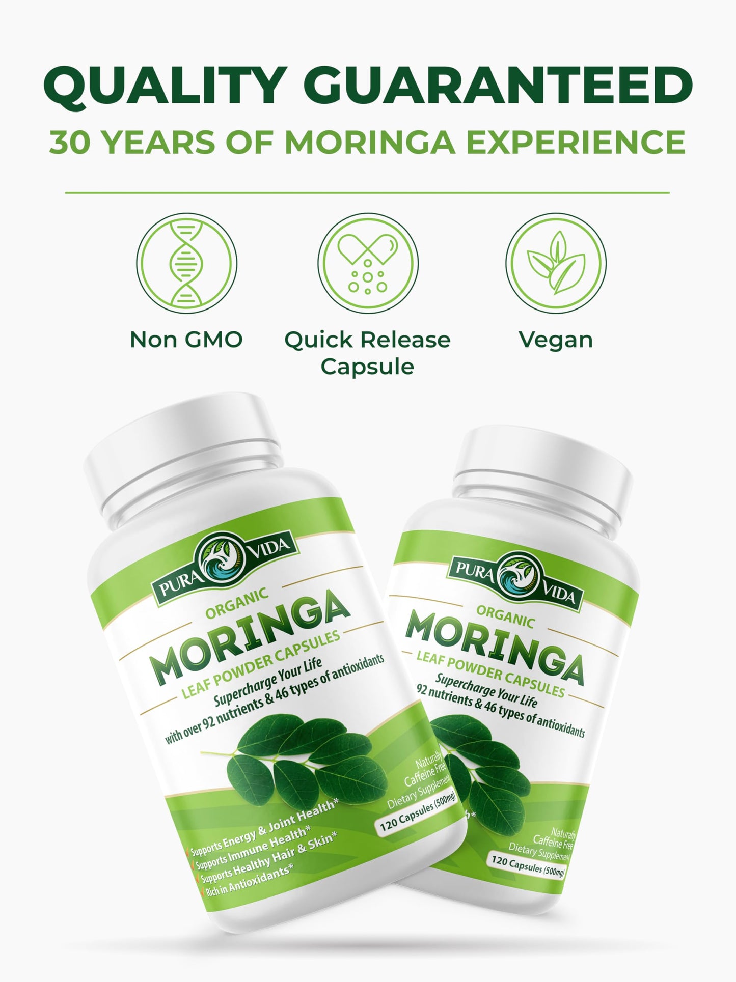 Pura Vida Organic Moringa Capsules 500mg | 120ct Single Origin