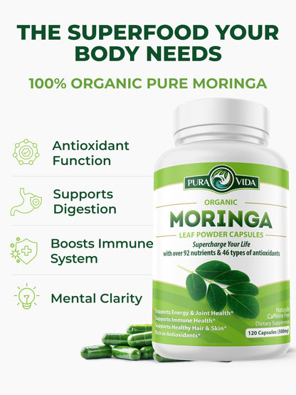 Pura Vida Organic Moringa Capsules 500mg | 120ct Single Origin