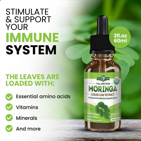 Pura Vida Moringa Leaf Extract Liquid Drops | USDA Organic Bioavailable