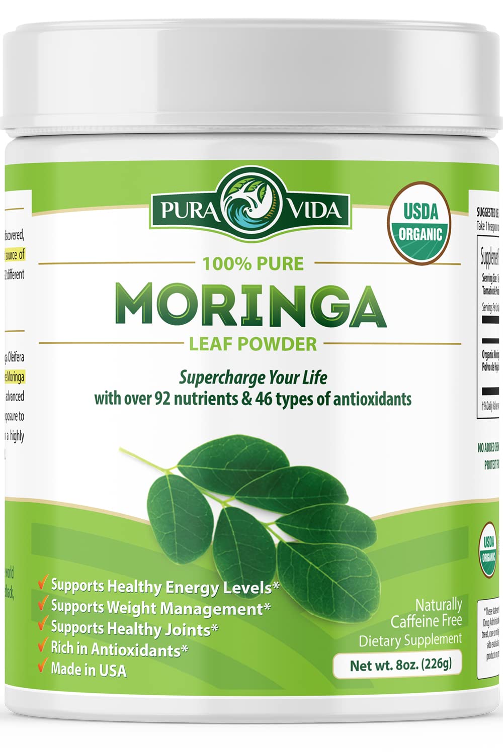 Pura Vida Organic Moringa Leaf Powder 8oz | Single Origin USDA Organic