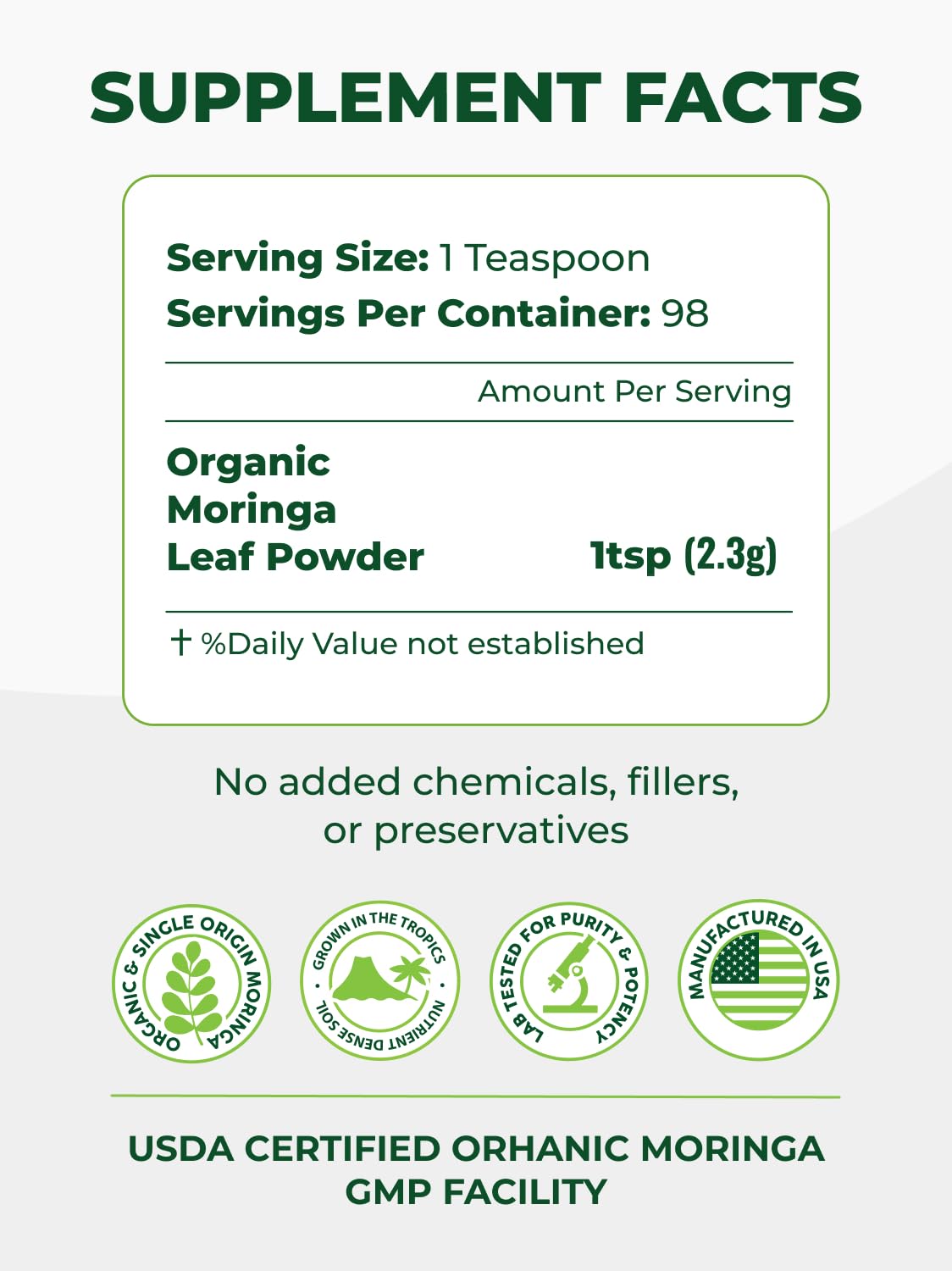 Pura Vida Organic Moringa Leaf Powder 8oz | Single Origin USDA Organic