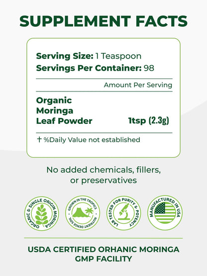 Pura Vida Organic Moringa Leaf Powder 8oz | Single Origin USDA Organic