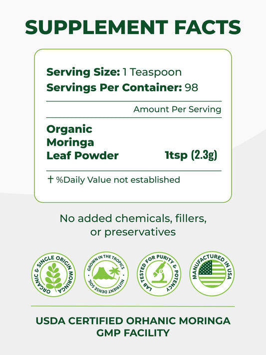 Pura Vida Organic Moringa Leaf Powder 8oz | Single Origin USDA Organic