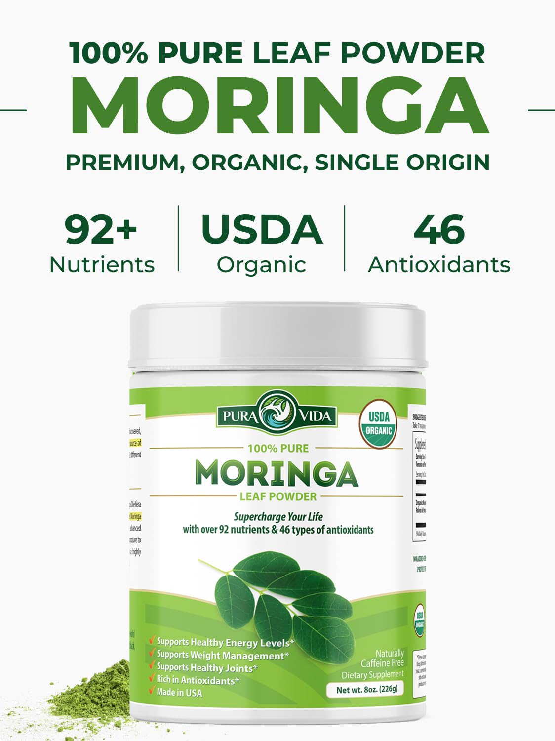 Pura Vida Organic Moringa Leaf Powder 8oz | Single Origin USDA Organic