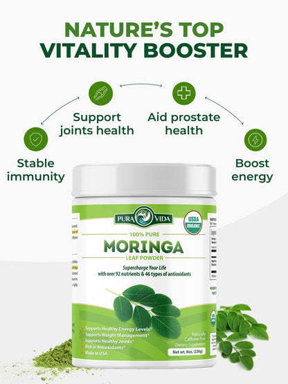 Pura Vida Organic Moringa Leaf Powder 8oz | Single Origin USDA Organic