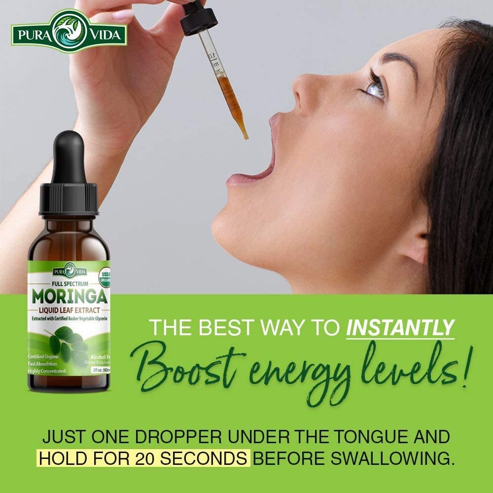 Pura Vida Moringa Leaf Extract Liquid Drops | USDA Organic Bioavailable